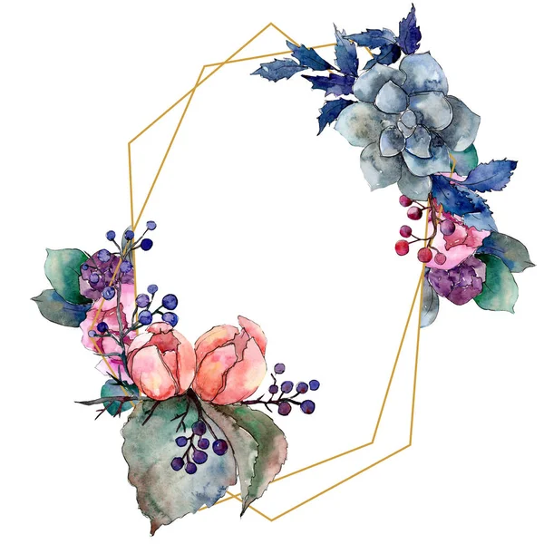 Peonia e succulento bouquet floreale floreale. Acquerello sfondo illustrazione set. Quadrato ornamento bordo cornice . — Foto Stock
