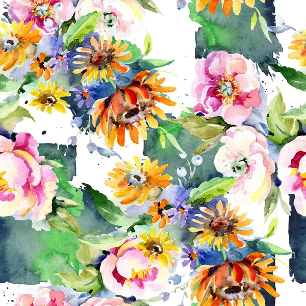 Bukiety kwiatowe kwiat botanicznych. Akwarela, ilustracja zestaw. Bezszwowe tło wzór. — Zdjęcie stockowe