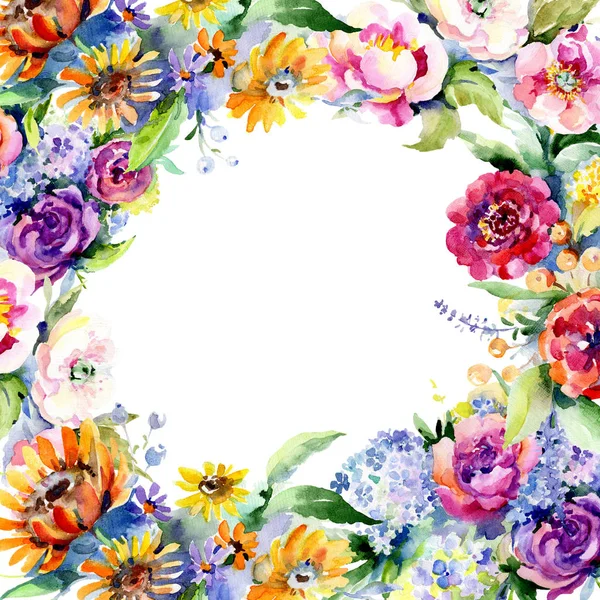 Bouquets floral botanical flower. Watercolor background illustration set. Frame border ornament square. — Stock Photo, Image