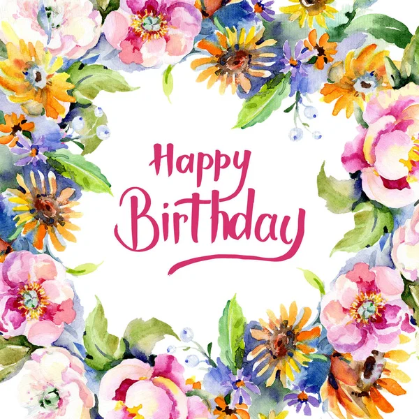 Buketler botanik çiçek. Suluboya arka plan illüstrasyon küme. Çerçeve kenarlığı süsleme Meydanı.