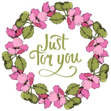 Vektör pembe elma çiçeği botanik çiçek. Oyulmuş mürekkep sanat. Çerçeve kenarlığı süsleme kare beyaz arka plan üzerinde.