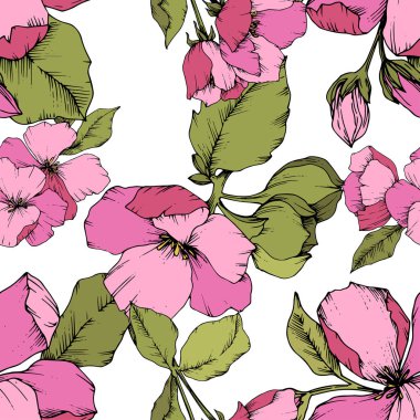 Vektör pembe elma çiçeği botanik çiçek. Oyulmuş mürekkep sanat. Sorunsuz arka plan deseni.