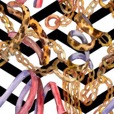 Deri ve altın zincir kemerleri glamour illüstrasyon bir suluboya tarzında moda. Sorunsuz arka plan deseni.