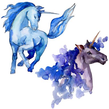 Şirin tek boynuzlu at. Peri masalı çocuk tatlı rüya. Suluboya arka plan ayarlamak. İzole tek boynuzlu at illüstrasyon öğesi.