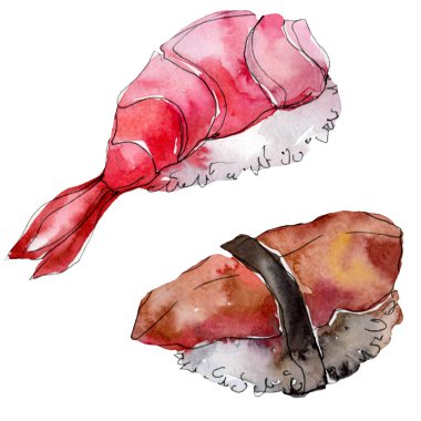 Güzel lezzetli Japon yemekleri illüstrasyon suluboya suşi kümesi. Beyaz arka plan üzerinde izole elle çizilmiş nesneleri.