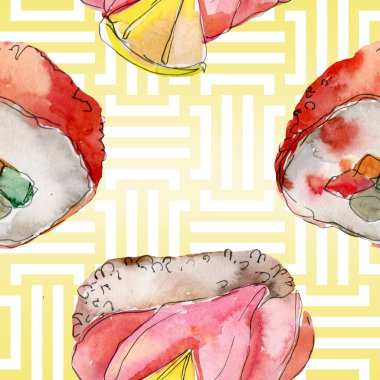 Güzel lezzetli Japon yemekleri illüstrasyon suluboya suşi kümesi. Sorunsuz arka plan deseni.