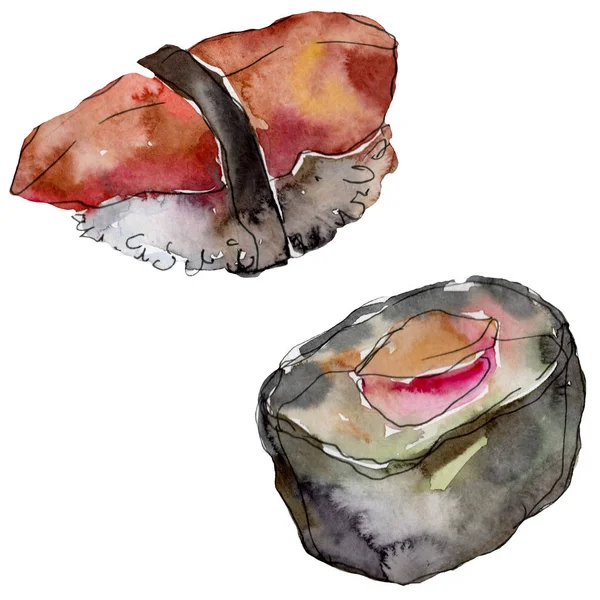 Acuarela sushi conjunto de hermosa sabrosa comida japonesa ilustración. Objetos dibujados a mano aislados sobre fondo blanco . — Foto de Stock