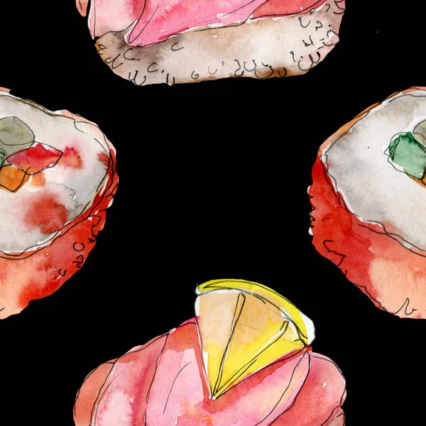 아름 다운 맛 있는 일본 음식 그림 수채화 초밥 세트. 원활한 배경 패턴. — 스톡 사진