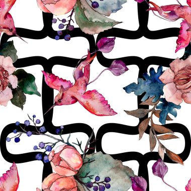 Şakayık ve etli buket çiçek. Suluboya arka plan illüstrasyon küme. Sorunsuz arka plan deseni.