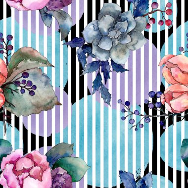 Şakayık ve etli buket çiçek. Suluboya arka plan illüstrasyon küme. Sorunsuz arka plan deseni.