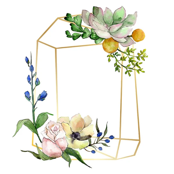 Bouquets com flores botânicas suculentas. Conjunto de ilustração de fundo aquarela. Quadro borda cristal ornamento quadrado . — Fotografia de Stock