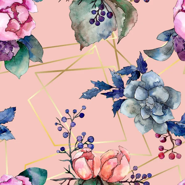Peonía y suculenta flor floral ramo. Conjunto de ilustración de fondo acuarela. Patrón de fondo sin costuras . —  Fotos de Stock