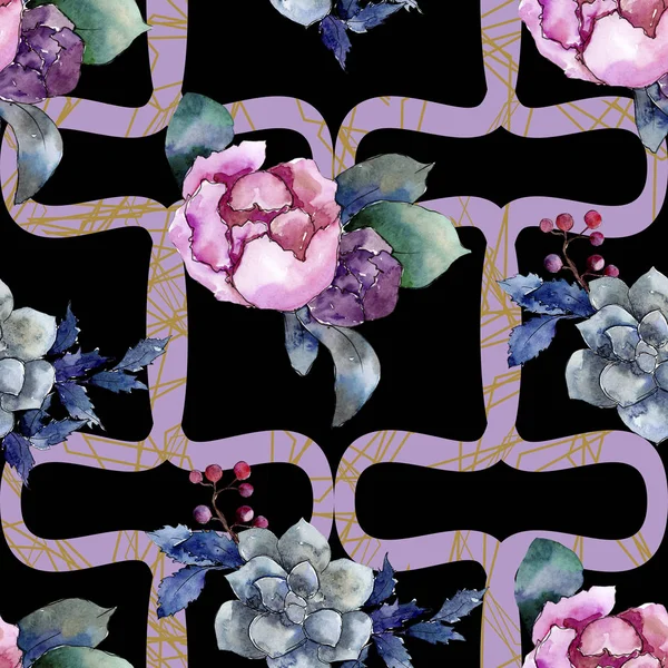 Peonía y suculenta flor floral ramo. Conjunto de ilustración de fondo acuarela. Patrón de fondo sin costuras . —  Fotos de Stock