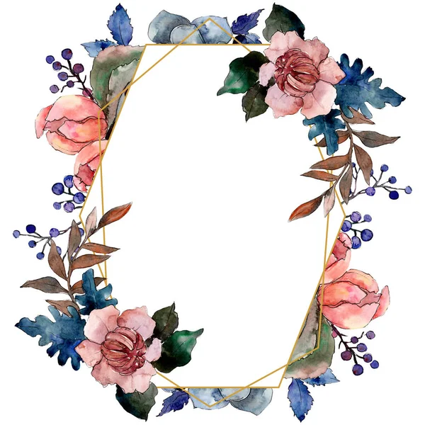 Pivoine et bouquet succulent fleur florale. Ensemble d'illustration de fond aquarelle. Cadre bordure ornement carré . — Photo