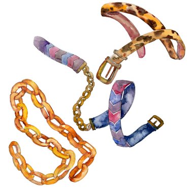 Deri ve altın zincir kemer bir suluboya stili arka plan resimde glamour kroki. Giyim aksesuarları trendy moda kıyafet ayarlayın. Suluboya çizim moda aquarelle. İzole kemer öğesi.