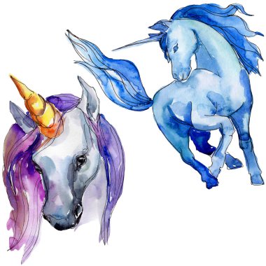 Şirin tek boynuzlu at. Peri masalı çocuk tatlı rüya. Suluboya arka plan ayarlamak. İzole tek boynuzlu at illüstrasyon öğesi.