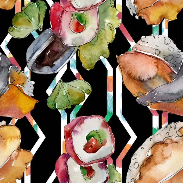 Conjunto de sushi acuarela de hermosa sabrosa ilustración de sushi japonés. Patrón de fondo sin costuras Aquarelle . —  Fotos de Stock