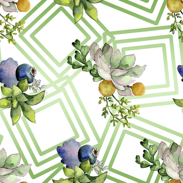 즙이 많은 꽃 식물 꽃 부케입니다. 수채화 배경 그림 설정 합니다. 원활한 배경 패턴. — 스톡 사진