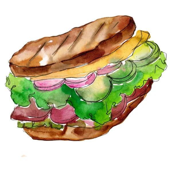 Sandwich con verduras en un estilo acuarela aislado. Acuarela elemento de ilustración de comida rápida sobre fondo blanco . —  Fotos de Stock