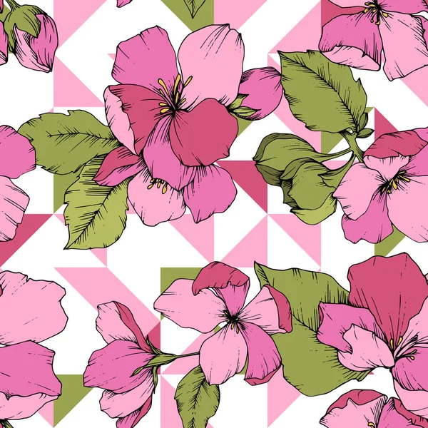 벡터 핑크 애플 꽃 꽃 식물 꽃입니다. 새겨진된 잉크 예술입니다. 원활한 배경 패턴. — 스톡 벡터