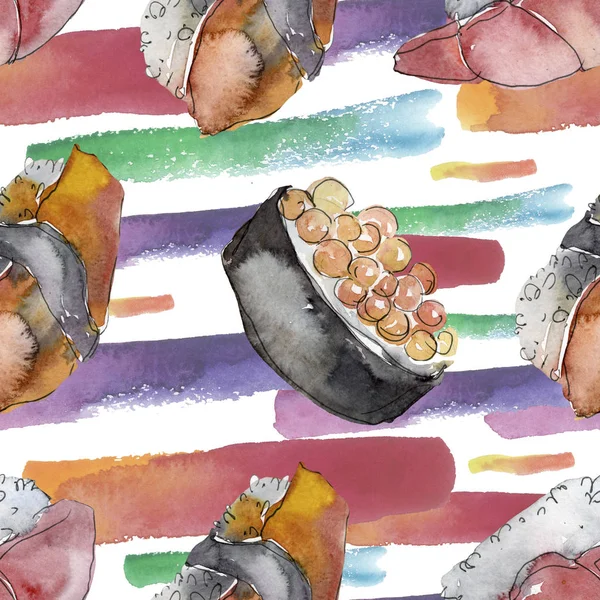 Akvarell sushi szett gyönyörű ízletes japán sushi szemléltetése. Az Aquarelle varratmentes háttérben minta. — Stock Fotó