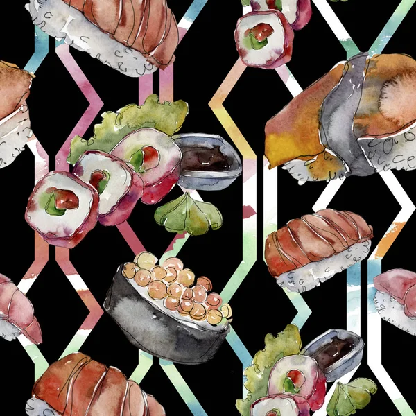 Conjunto de sushi aquarela de bela ilustração sushi japonês saboroso. Padrão de fundo sem costura Aquarelle . — Fotografia de Stock