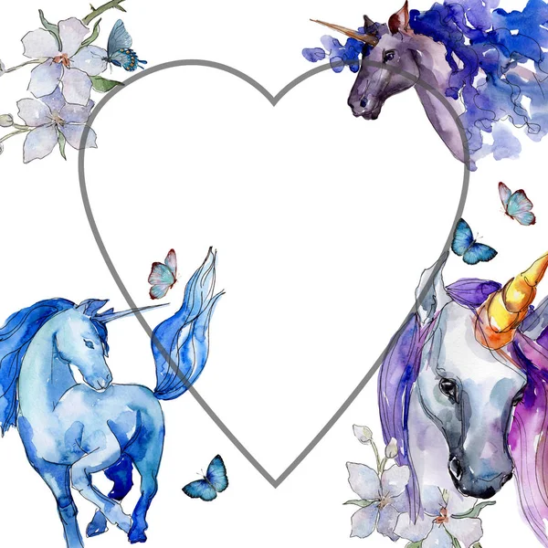 Kuda unicorn yang lucu. Set ilustrasi latar belakang cat air. Kotak ornamen batas bingkai . — Stok Foto