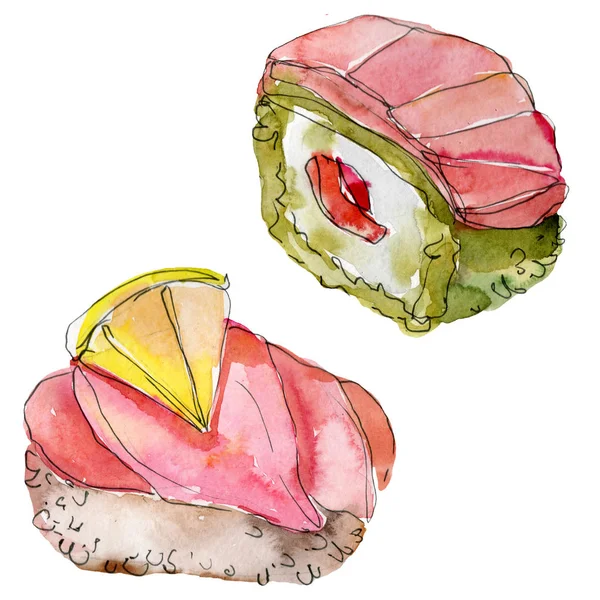 아름 다운 맛 있는 일본 음식 그림 수채화 초밥 세트. 손으로 그린 개체 흰색 배경 절연. — 스톡 사진