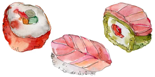 아름 다운 맛 있는 일본 음식 그림 수채화 초밥 세트. 손으로 그린 개체 흰색 배경 절연. — 스톡 사진