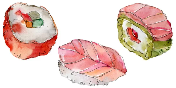 Conjunto de sushi aquarela de bela ilustração de comida japonesa saborosa. Objetos desenhados à mão isolados no fundo branco . — Fotografia de Stock