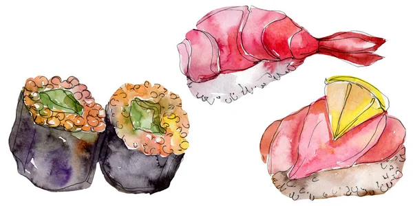 Ensemble de sushis aquarelle de belle illustration de nourriture japonaise savoureuse. Objets dessinés à la main isolés sur fond blanc . — Photo