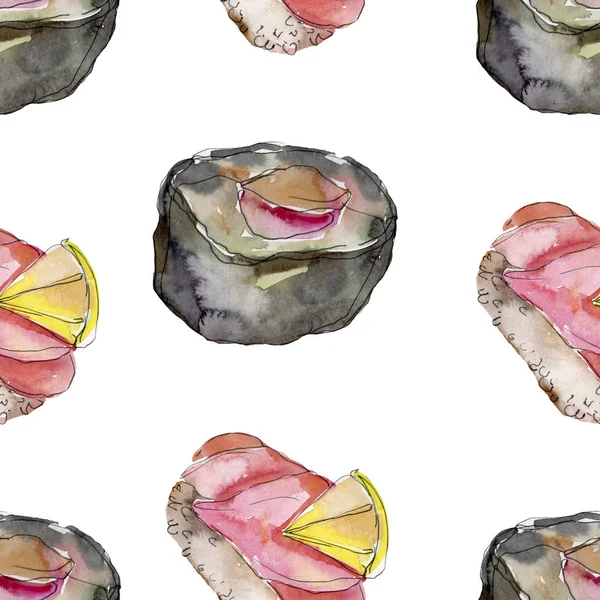 Acuarela sushi conjunto de hermosa sabrosa comida japonesa ilustración. Patrón de fondo sin costuras . — Foto de Stock