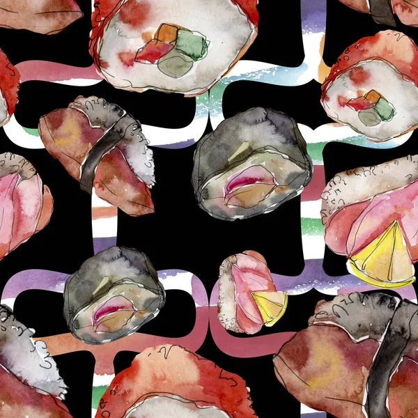 Acuarela sushi conjunto de hermosa sabrosa comida japonesa ilustración. Patrón de fondo sin costuras . —  Fotos de Stock