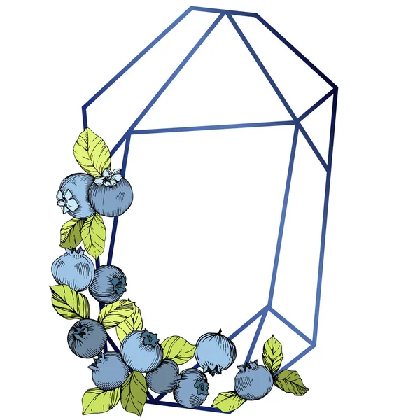 Vector bosbes blauw en groen gegraveerd inkt kunst. Bessen en groene bladeren. Frame grens kristal ornament vierkant. — Stockvector