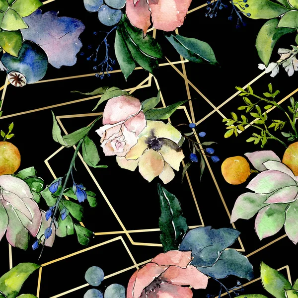 Bouquets com flores botânicas florais suculentas. Conjunto de ilustração de fundo aquarela. Padrão de fundo sem costura . — Fotografia de Stock
