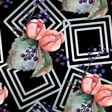 Şakayık ve etli buket çiçek. Suluboya arka plan illüstrasyon küme. Sorunsuz arka plan deseni.