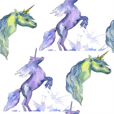 Şirin tek boynuzlu at hayvan boynuz karakter. Suluboya arka plan illüstrasyon küme. Sorunsuz arka plan deseni.