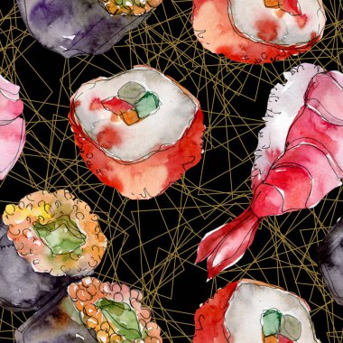 Güzel lezzetli Japon yemekleri illüstrasyon suluboya suşi kümesi. Sorunsuz arka plan deseni.