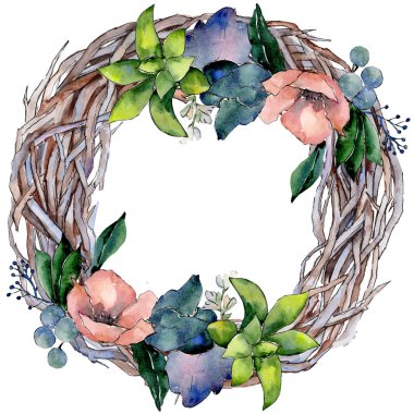 Etli çiçek botanik çiçek buketleri. Suluboya arka plan illüstrasyon küme. Çerçeve kenarlığı süsleme Meydanı.