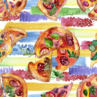 Fast food itallian pizza izole bir suluboya tarzında ayarlayın. Beyaz arka plan üzerinde çizilmiş nesneleri çizim ver. Suluboya sorunsuz arka plan deseni. Kumaş duvar kağıdı aquarelle yazdırma doku.