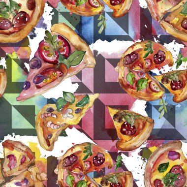 Fast food itallian pizza izole bir suluboya tarzında ayarlayın. Suluboya sorunsuz arka plan deseni.