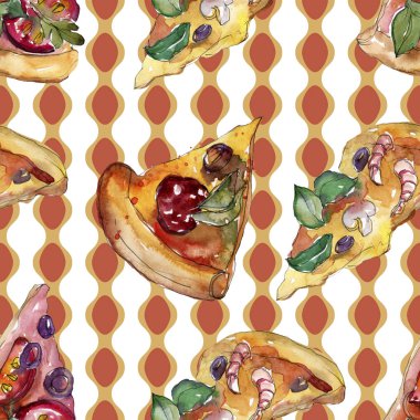 Fast food itallian pizza izole bir suluboya tarzında ayarlayın. Suluboya sorunsuz arka plan deseni.