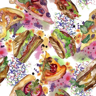 Fast food itallian pizza izole bir suluboya tarzında ayarlayın. Suluboya sorunsuz arka plan deseni.
