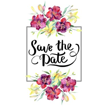 Sarı ve kahverengi lilyum çiçek buketi. Suluboya arka plan illüstrasyon küme. Çerçeve kenarlığı süsleme Meydanı.