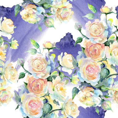 Bej renkli gül buket botanik çiçek. Suluboya arka plan illüstrasyon küme. Sorunsuz arka plan deseni.
