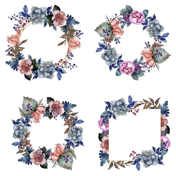 모란과 succulent 꽃다발 꽃 꽃입니다. 수채화 배경 그림 설정 합니다. 프레임 테두리 장식 스퀘어. — 스톡 사진