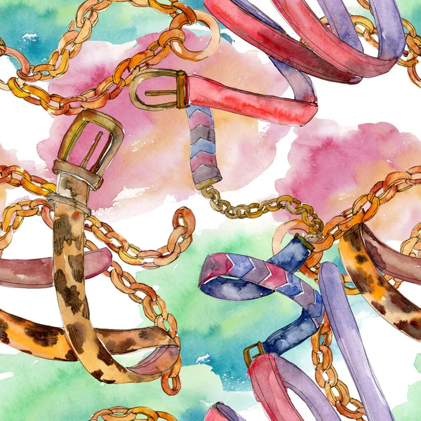 Cinturones de cuero y cadena dorada ilustración glamour moda en un estilo acuarela. Patrón de fondo sin costuras . — Foto de Stock