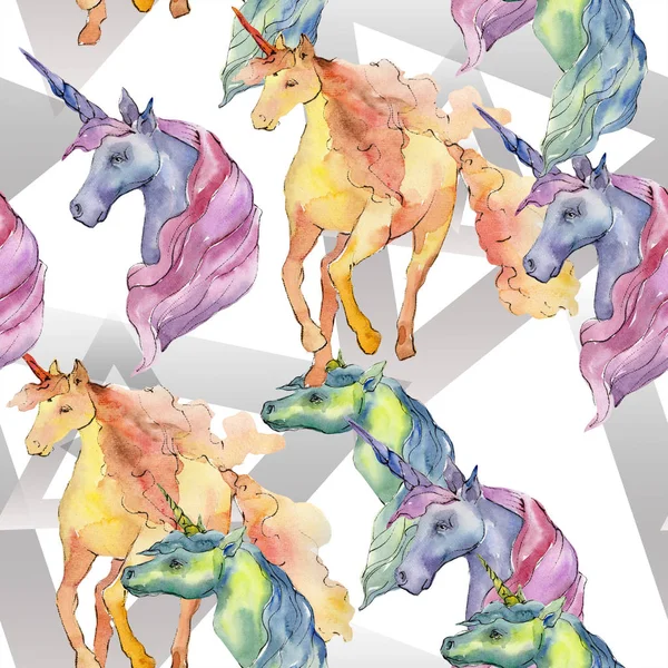 Lindo unicornio caballo animal cuerno carácter. Conjunto de ilustración de fondo acuarela. Patrón de fondo sin costuras . —  Fotos de Stock