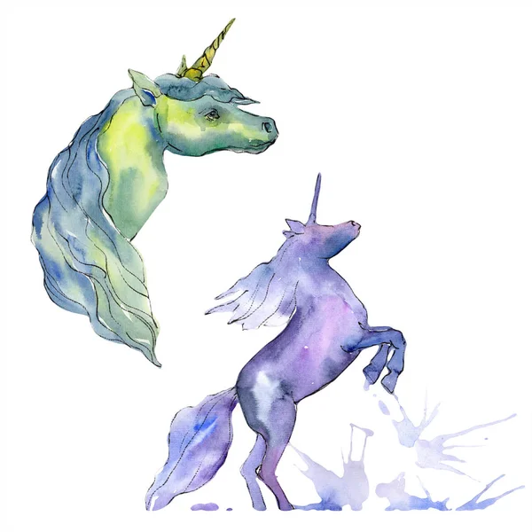 Χαριτωμένος μονόκερος άλογο κέρατο ζώου χαρακτήρα. Ακουαρέλα φόντο εικόνα σύνολο. Απομονωμένη μονόκερος εικονογράφηση στοιχείο. — Φωτογραφία Αρχείου