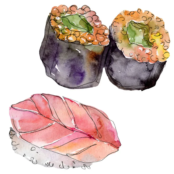 Conjunto de sushi aquarela de bela ilustração de comida japonesa saborosa. Objetos desenhados à mão isolados no fundo branco . — Fotografia de Stock